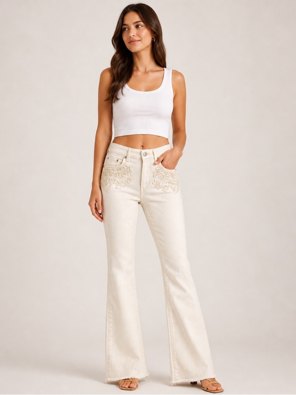 Nekane NKN Anae Embroidered Ivory Jeans Boho Stretch Mid Rise Size 36 | US 4 NWT